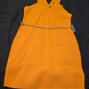 New York & Company Bright Orange Midi Dress with Chain Accent